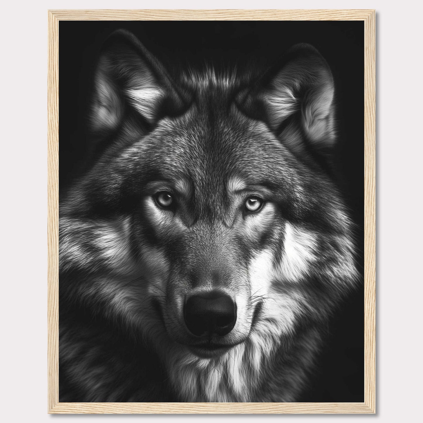 Immerse yourself in the captivating gaze of a majestic wolf with this stunning black and white portrait. The detailed fur, intense eyes, and powerful presence make this artwork a striking addition to any space.