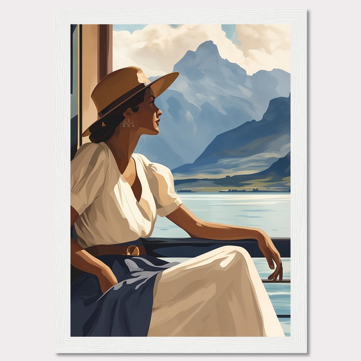 This captivating artwork features a serene woman in a white dress and wide-brimmed hat, gazing out at a tranquil lake with majestic mountains in the background. The scene evokes a sense of peace and contemplation, inviting viewers to pause and appreciate the beauty of nature.