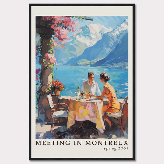 This vibrant poster captures a serene moment of a couple dining outdoors with the stunning backdrop of Montreux's picturesque lakeside and mountains.