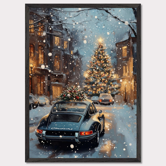 This enchanting poster portrays a snowy Swiss street with a beautifully adorned vintage car carrying a Christmas tree. The softly glowing lights and festive decorations create an atmosphere of joyous holiday anticipation. The combination of timeless cars and seasonal spirit brings a unique charm to this holiday scene.