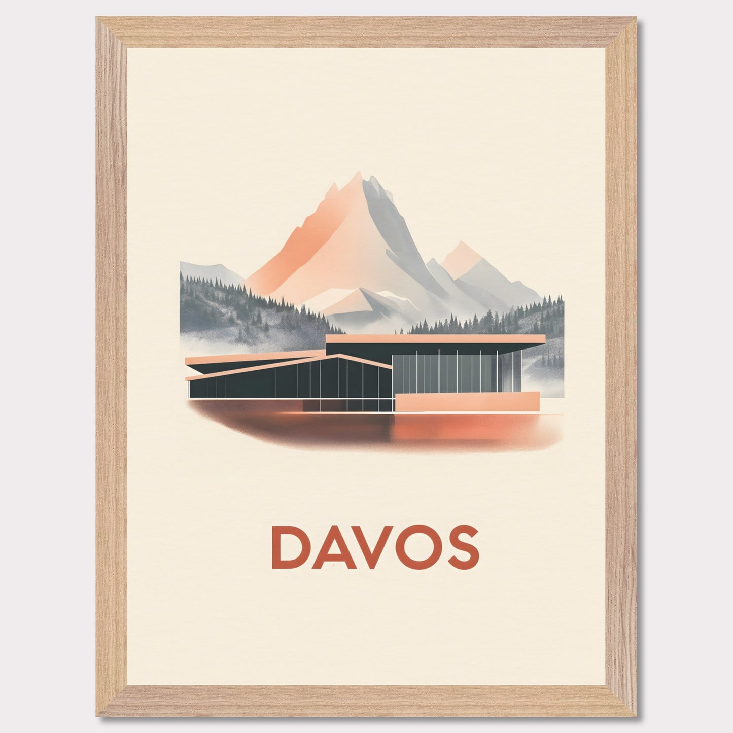 A refined travel poster showcasing Davos' modern architecture against breathtaking alpine peaks. The sleek lines of the building contrast harmoniously with the rugged mountains, embodying the balance between innovation and nature.