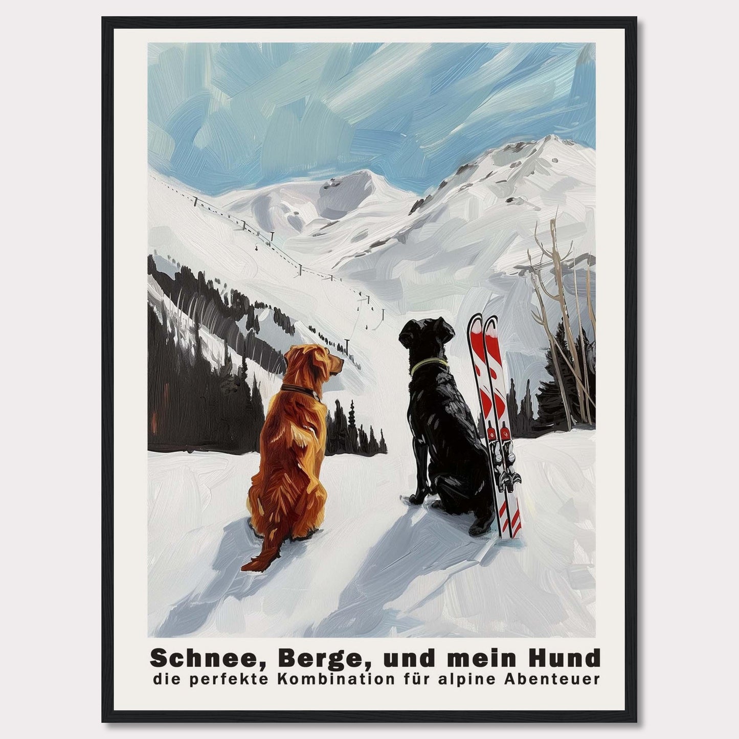 This image depicts two dogs sitting in the snow, gazing at a snowy mountain landscape. Next to them is a pair of skis, suggesting an alpine adventure. The sky is clear with a few clouds, adding to the serene and adventurous atmosphere.