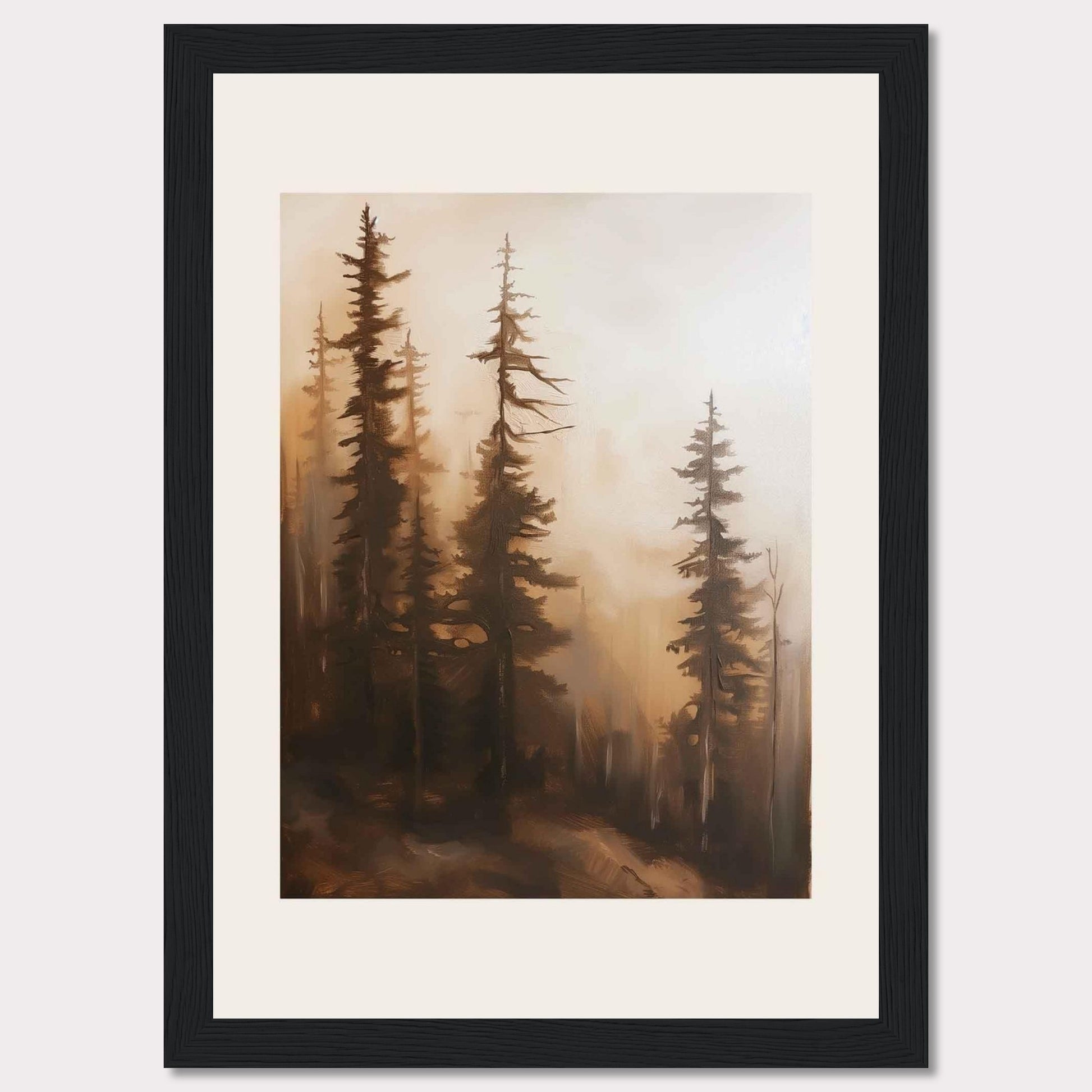 This captivating artwork features a serene forest scene enveloped in mist, evoking a sense of tranquility and mystery. The tall, slender trees stand majestically, their branches reaching out into the foggy atmosphere. The soft, warm hues create a calming ambiance, making it a perfect addition to any living space.