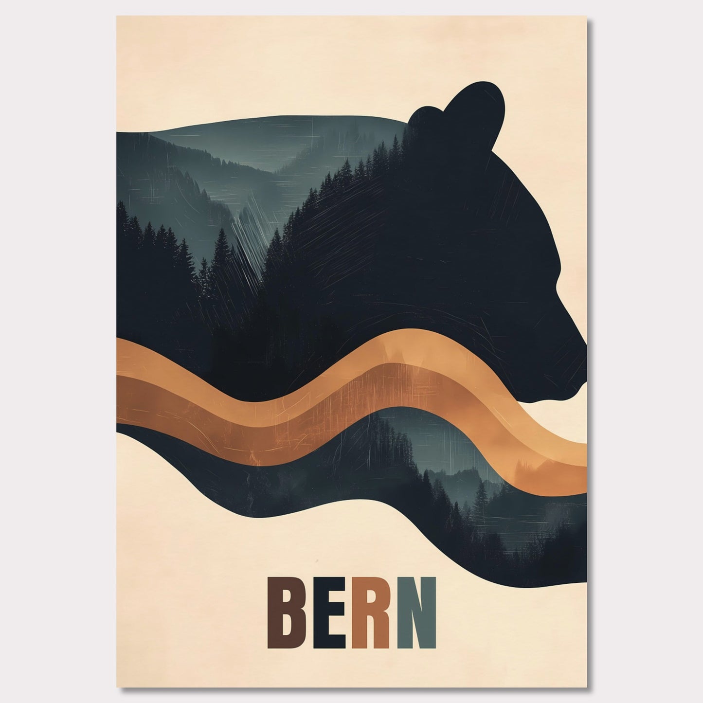 This elegant poster captures the harmony between nature and Bern’s cultural heritage. The silhouette of a bear, the city’s symbol, seamlessly blends with dense forests and flowing lines, creating a sense of tranquility and connection with the surroundings. The minimalist style and warm color palette give the artwork a modern aesthetic.