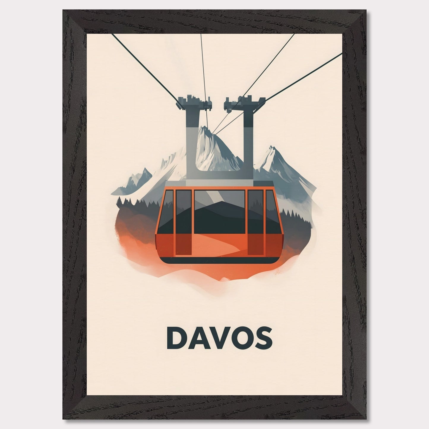 This striking travel poster showcases Davos, a world-renowned alpine destination, in a sleek and minimalist style. The stylized mountain peaks and crisp, modern aesthetic reflect the resort’s prestige as a hub for winter sports and elite gatherings. The cool tones and refined composition create a sense of sophistication and adventure.