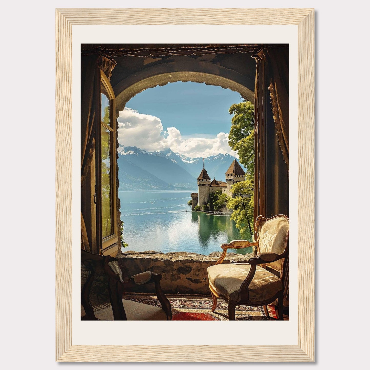 This stunning framed artwork captures a breathtaking view through an arched window, revealing a serene lake with a majestic castle and snow-capped mountains in the background. The cozy interior with antique chairs adds a touch of warmth and elegance.