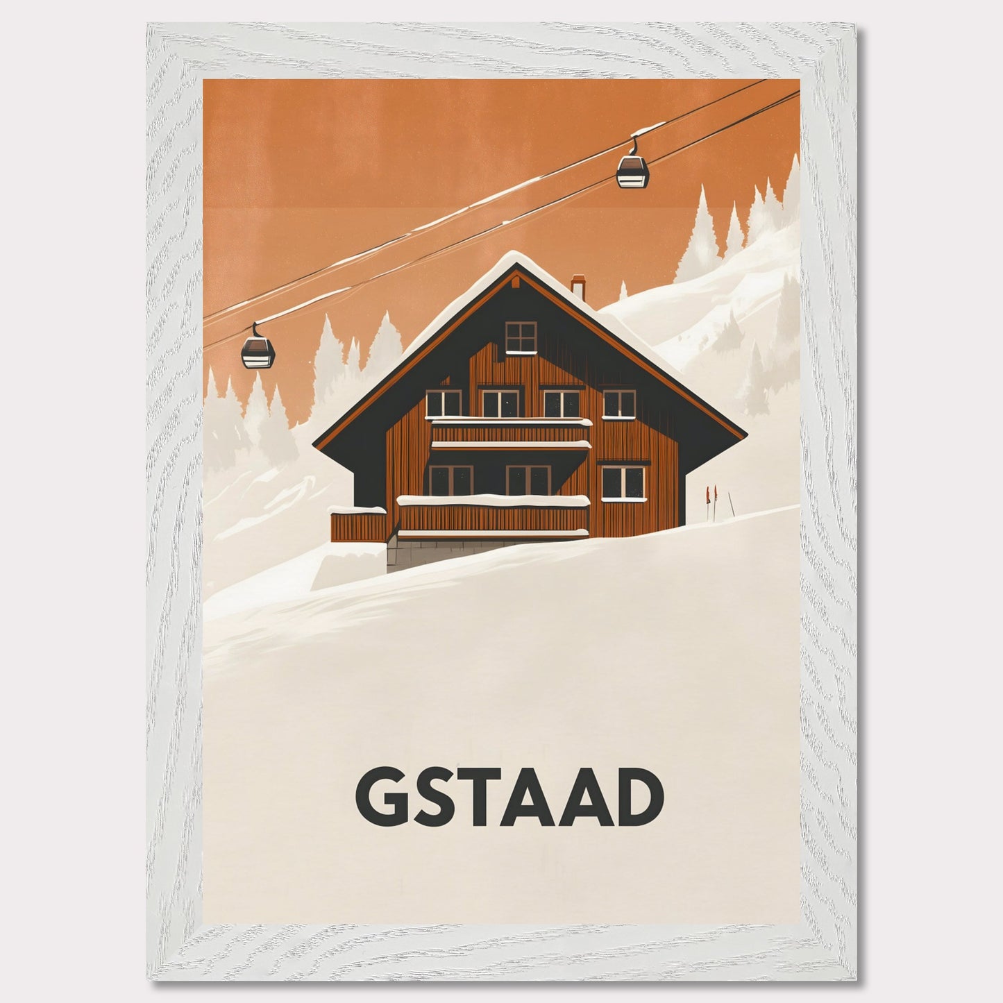 A warm, inviting scene of a traditional Swiss chalet surrounded by snowy slopes. A cable car ascends into the distance, emphasizing the region’s skiing culture and cozy mountain retreat.