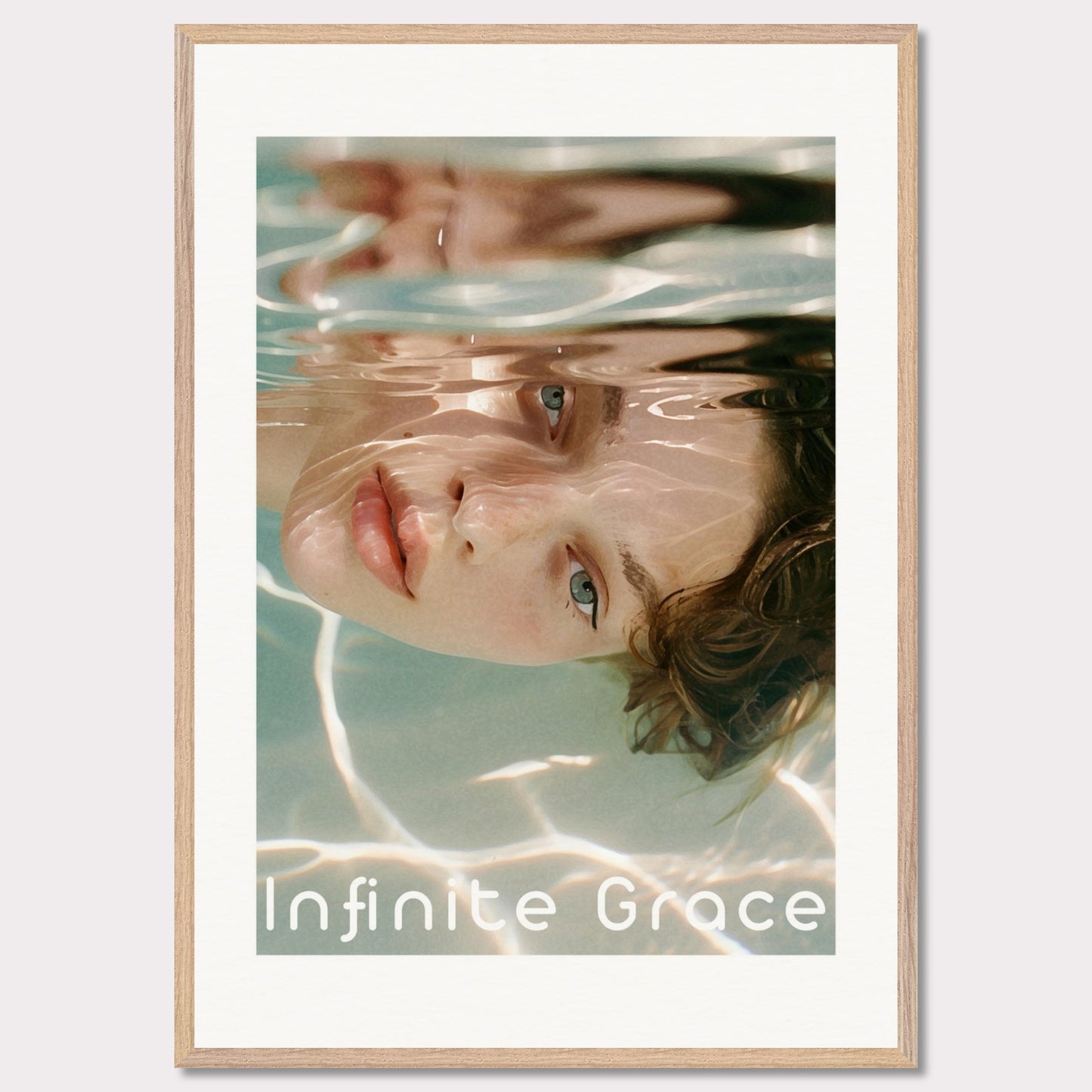 This is an illustration of a person's face partially submerged in water, creating a reflective and serene effect. The text "Infinite Grace" is displayed at the bottom of the image.

Where will this poster fit: This poster would fit well in a modern living room, a bedroom, or a creative studio space.