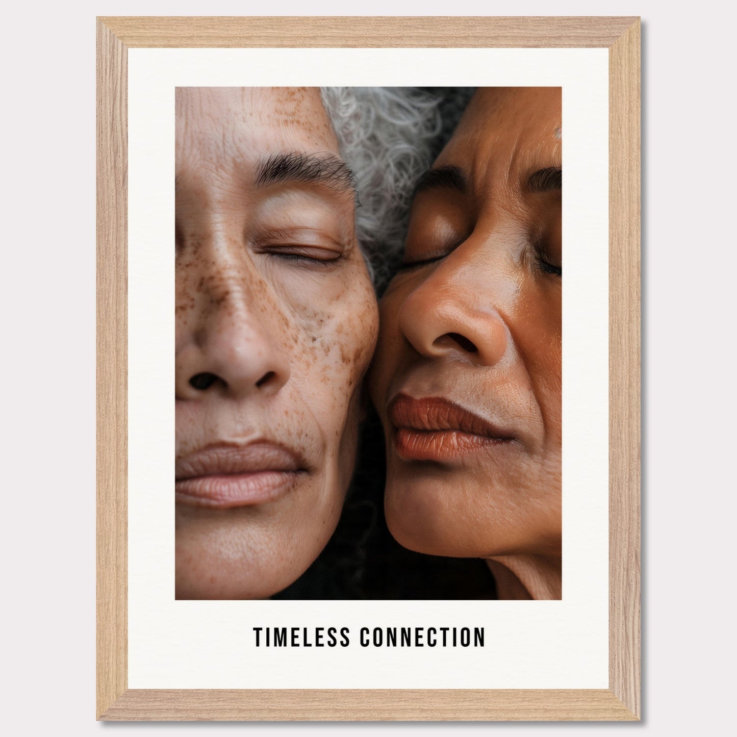 This illustration shows a close-up view of two elderly individuals with their eyes closed, conveying a sense of peace and connection. The text "TIMELESS CONNECTION" is displayed at the bottom.

This poster would fit well in a living room, bedroom, or any space meant for relaxation and reflection.