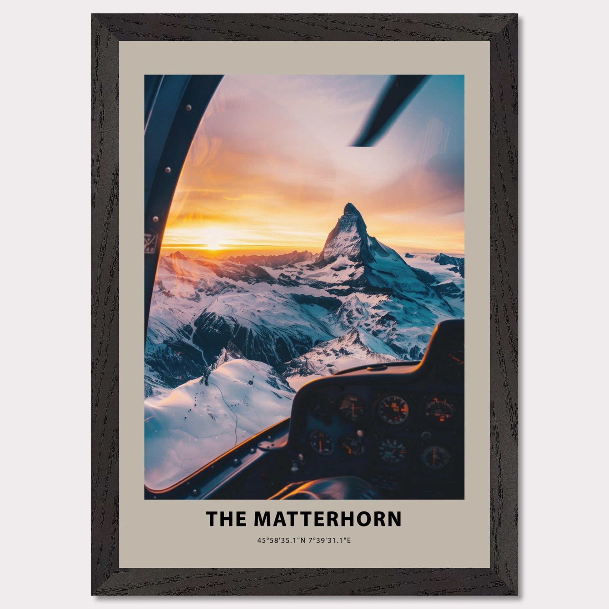 This stunning photograph captures the majestic Matterhorn at sunset, viewed from the cockpit of an aircraft. The snow-covered peaks and the golden hues of the sky create a breathtaking scene.