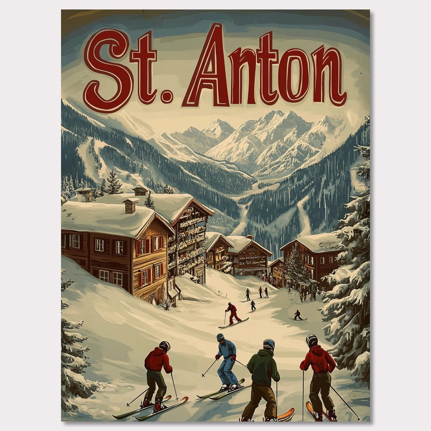 This stunning vintage-inspired poster depicts the idyllic town of St. Anton nestled beneath towering snow-capped peaks. The ski slopes are alive with activity, with skiers descending toward the charming wooden chalets. The warm hues in the sky add a sense of tranquility to the winter landscape, while the retro typography and art style transport the viewer to a time when winter holidays in the Alps were the height of elegance and adventure.