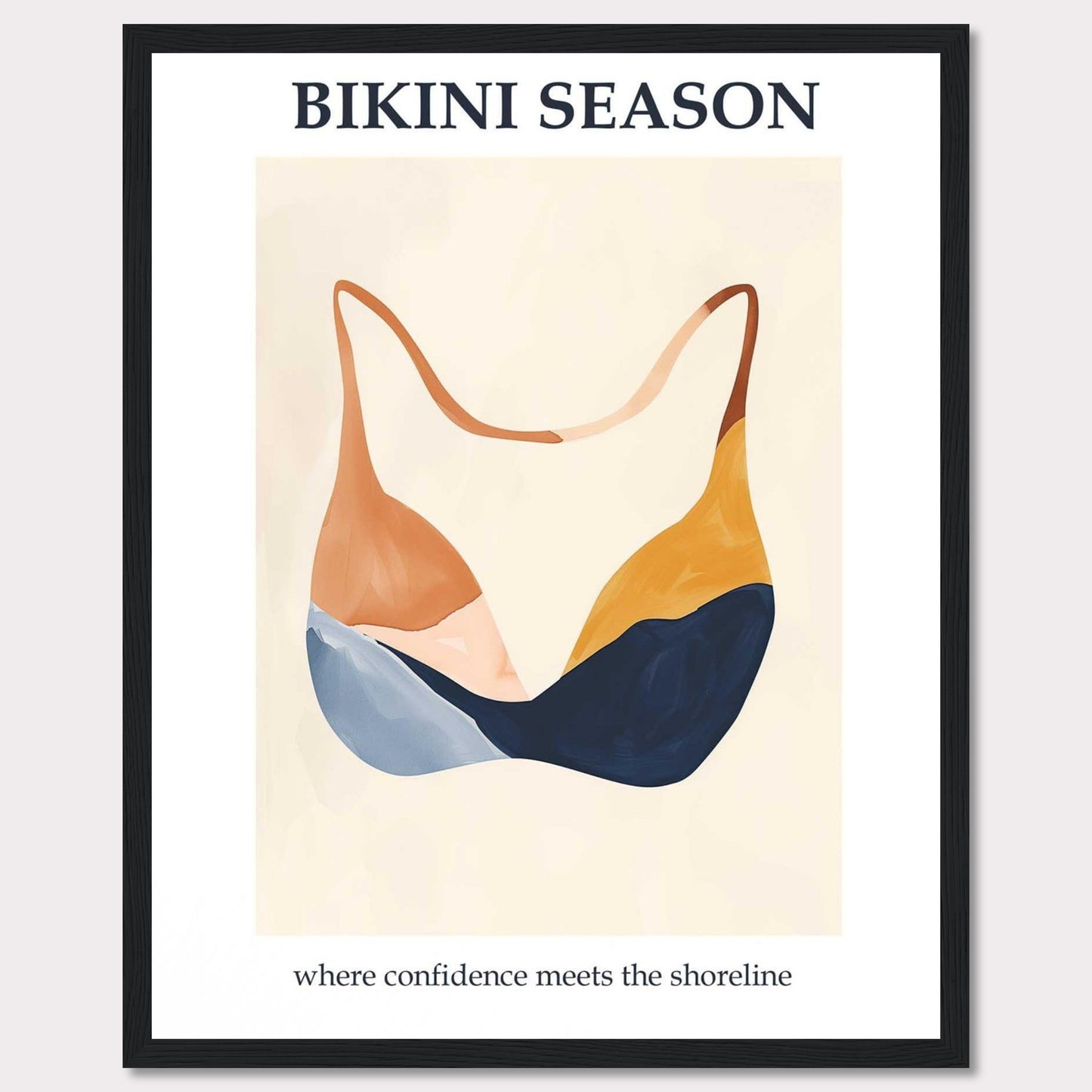 This image showcases a minimalist poster with an artistic depiction of a bikini top. The text "BIKINI SEASON" is prominently displayed at the top, while the phrase "where confidence meets the shoreline" is written at the bottom.