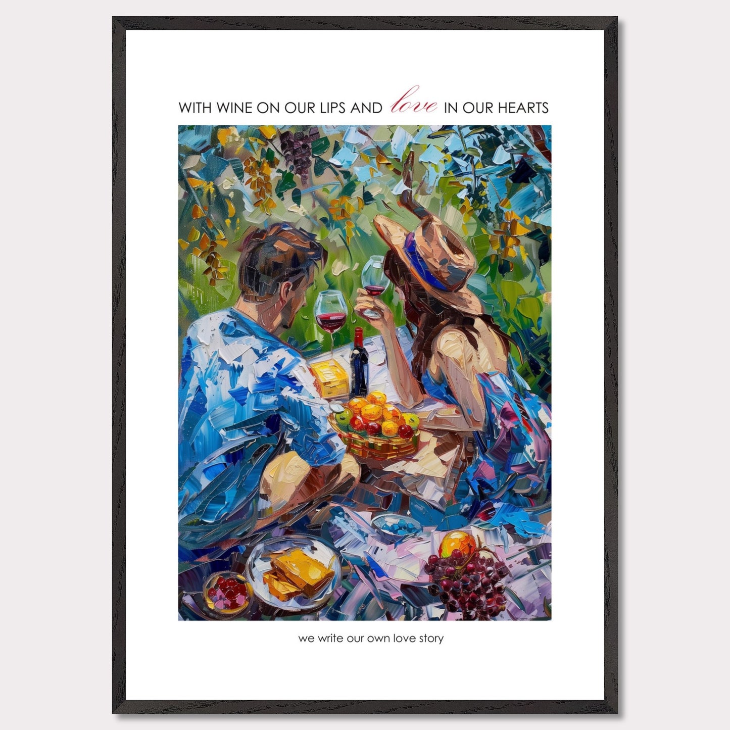 Couple on a summer picnic - Poster with a wooden frame