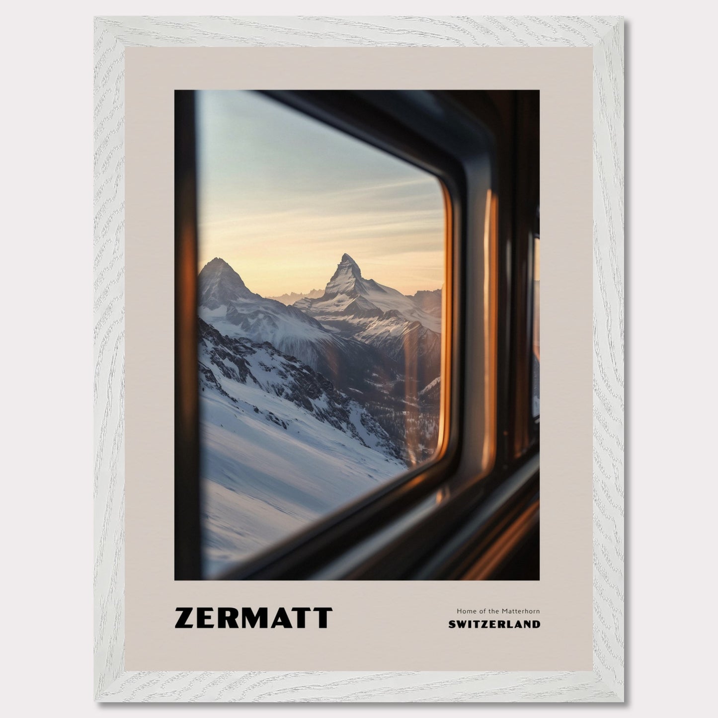 This poster features one of Switzerland’s most iconic symbols – the Matterhorn, proudly rising above the snowy slopes. The view from a train or gondola window creates a travel-like experience, while the soft sunset light adds an enchanting glow to the scenery.