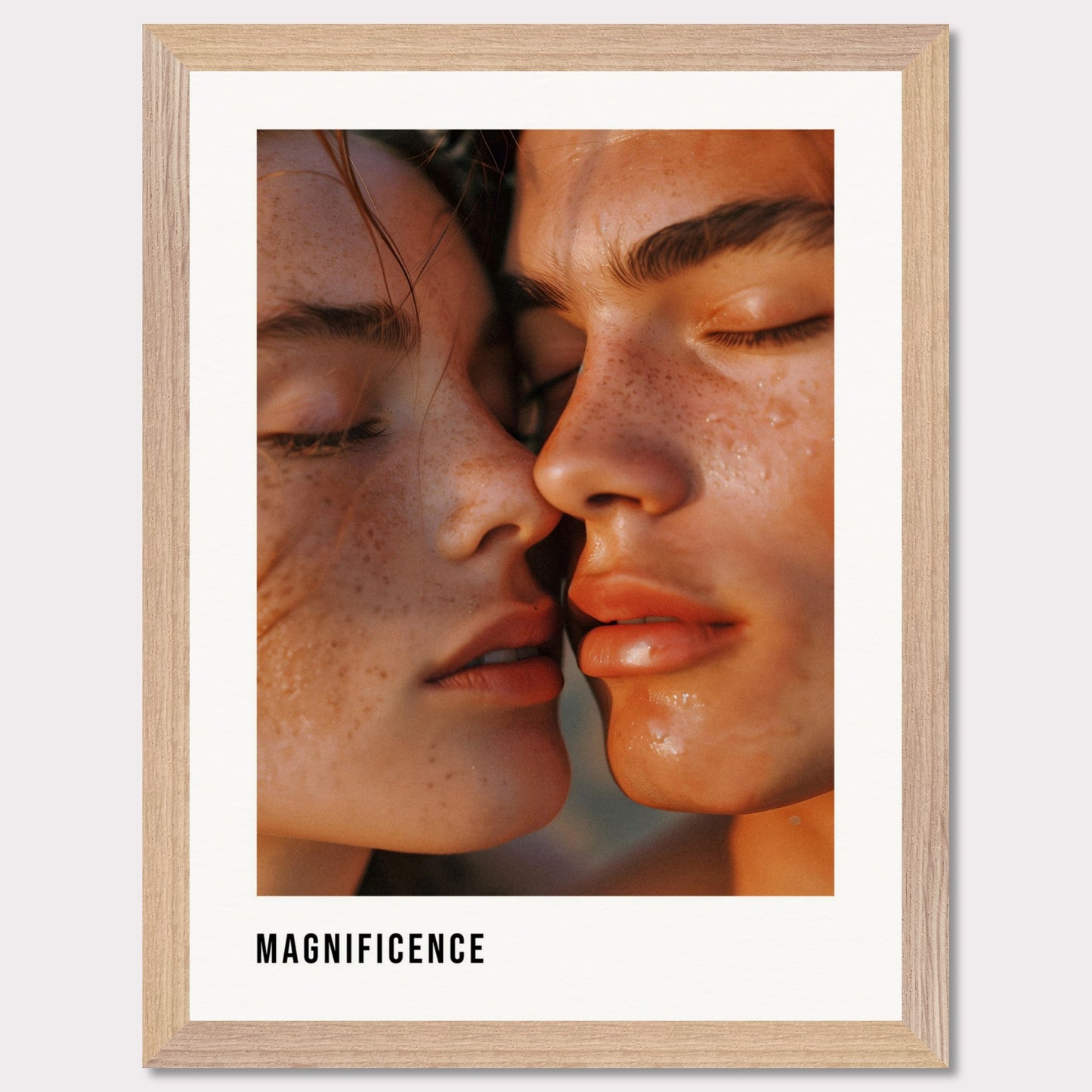 This illustration shows a close-up of two individuals with their faces intimately close, highlighting their freckles and closed eyes.

This poster will fit well in a modern living room, bedroom, or art studio, adding a touch of elegance and intimacy to the space.