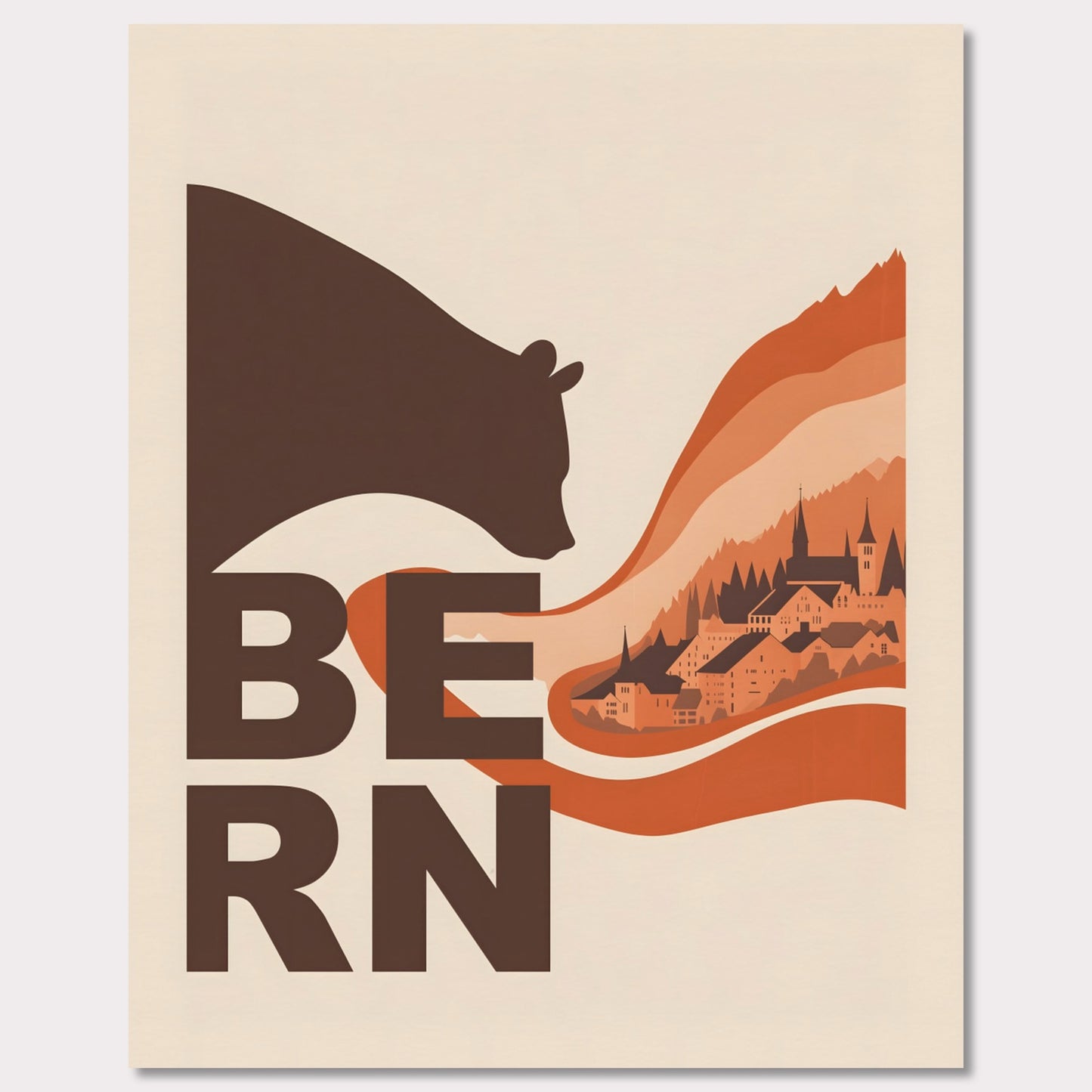 This elegant poster portrays a bear embracing the architectural landscapes of Bern. With flowing lines connecting nature and culture, it conveys the charm of this Swiss city.