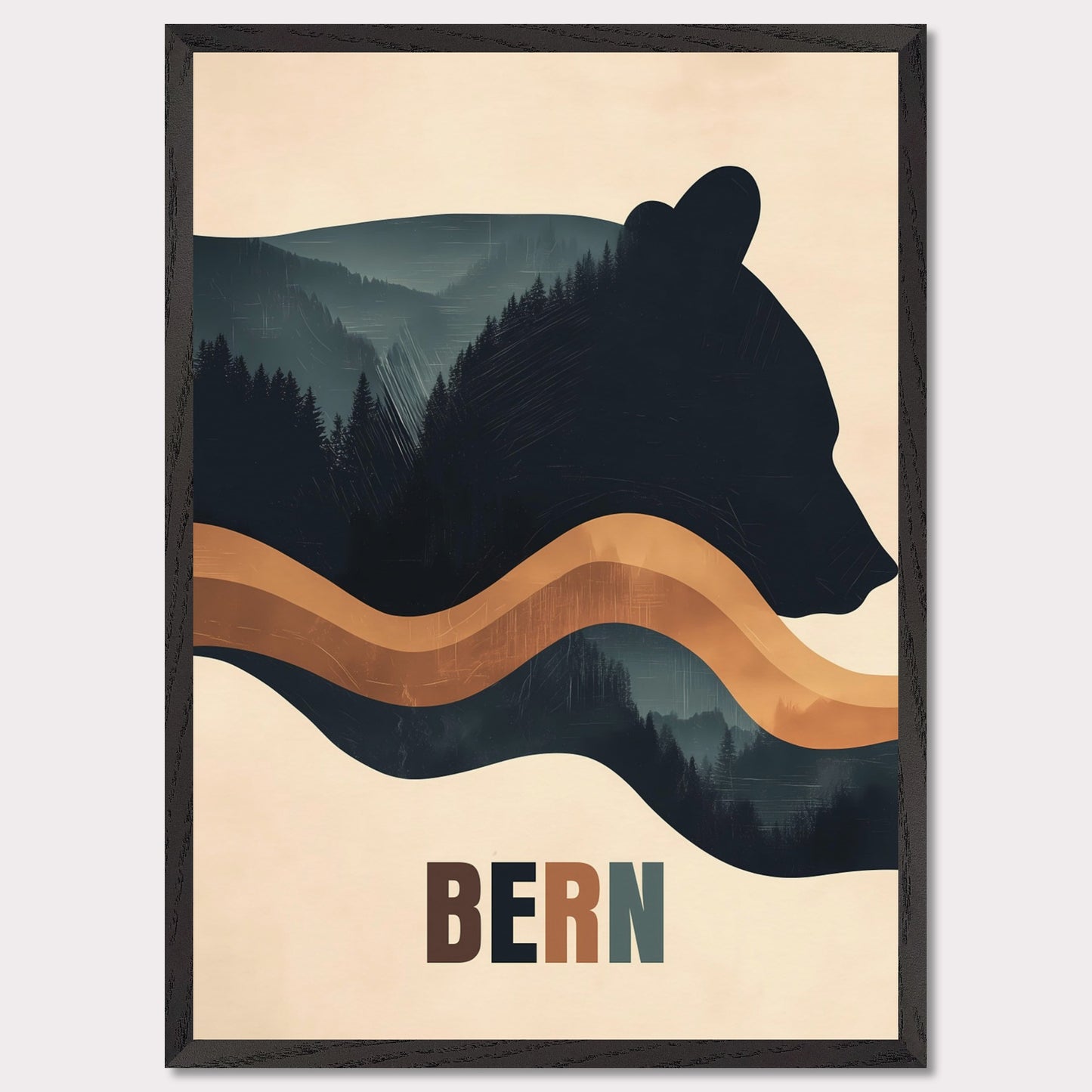 This elegant poster captures the harmony between nature and Bern’s cultural heritage. The silhouette of a bear, the city’s symbol, seamlessly blends with dense forests and flowing lines, creating a sense of tranquility and connection with the surroundings. The minimalist style and warm color palette give the artwork a modern aesthetic.