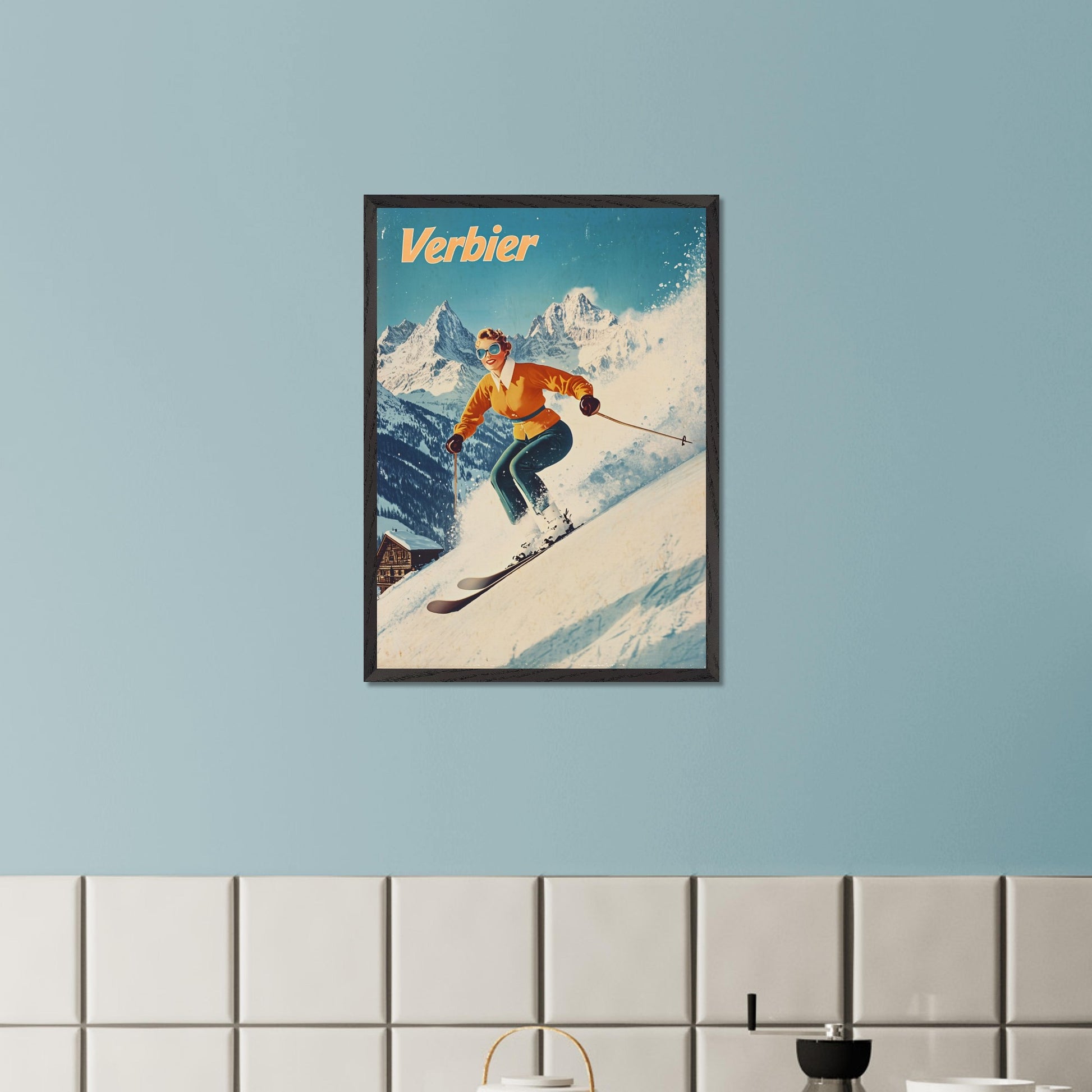 This vibrant retro poster captures the thrilling energy of skiing in Verbier, featuring a skier in a bright orange jacket racing down the slopes. The bright, clear sky contrasts beautifully with the snow-covered terrain and rugged mountain backdrop. The skier’s joyful expression, paired with the iconic Verbier mountains, evokes the excitement and adventure of alpine skiing. The vintage art style adds a timeless touch, bringing out the spirit of winter sports.