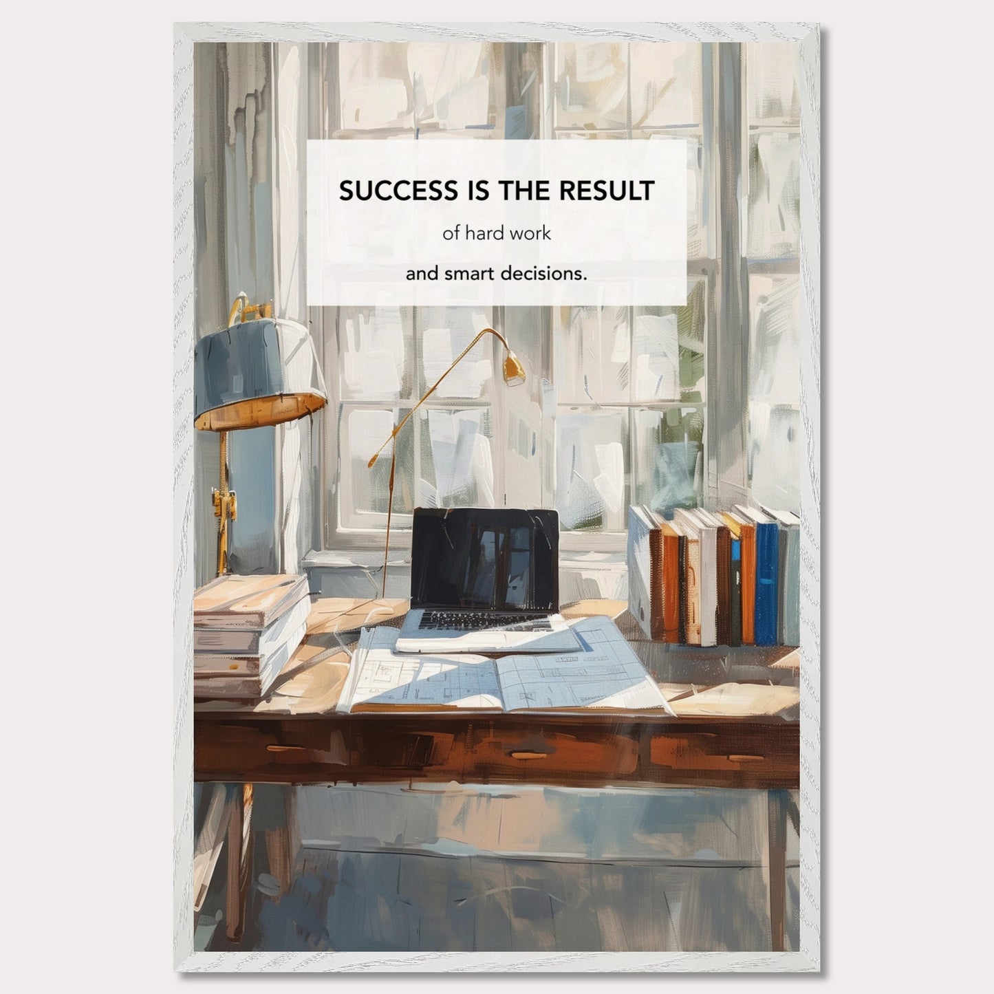 This inspiring poster showcases a serene and productive workspace bathed in natural light. The central message, "Success is the result of hard work and smart decisions," is prominently displayed.