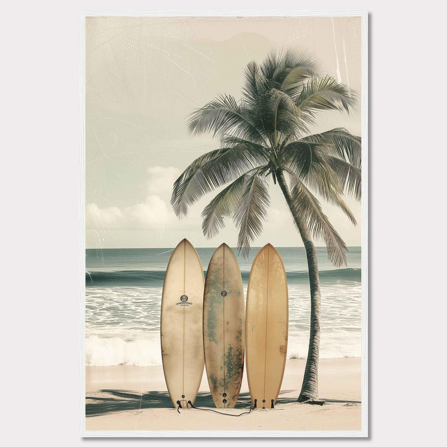 This captivating image features a serene beach scene with three surfboards leaning against a tall, swaying palm tree. The tranquil ocean waves and a clear sky in the background evoke a sense of calm and adventure.