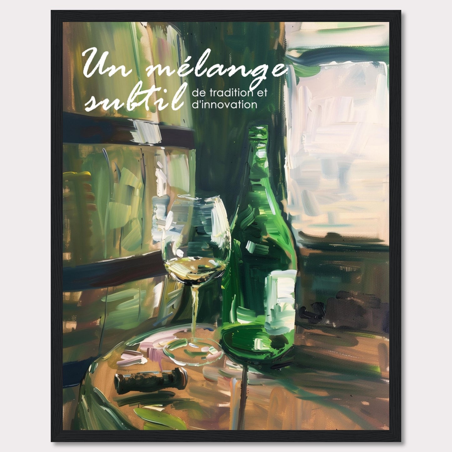 This image showcases a beautifully painted scene of a wine bottle and glass on a wooden table, evoking a sense of sophistication and elegance. The text on the image reads "Un mélange subtil de tradition et d'innovation," which translates to "A subtle blend of tradition and innovation."