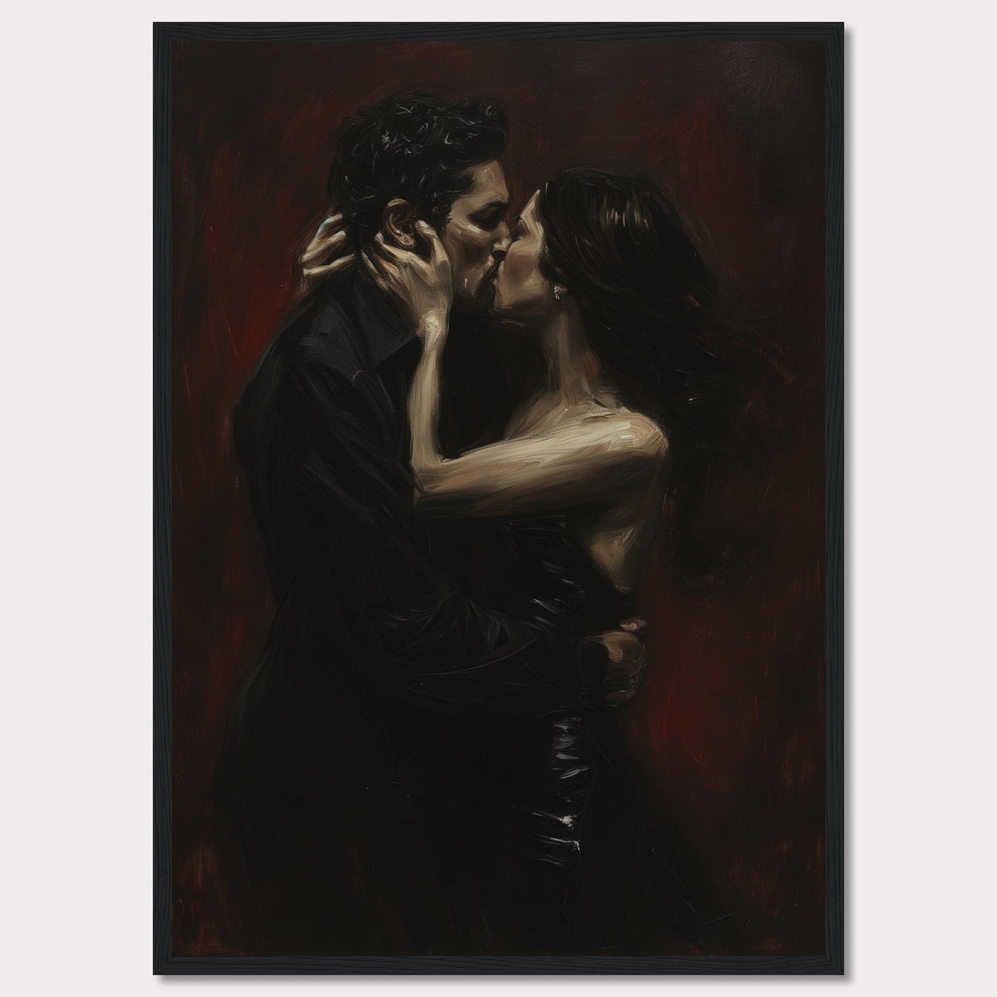 This evocative painting captures an intimate moment of a passionate kiss between two lovers. The dark, rich tones create a dramatic and romantic atmosphere.