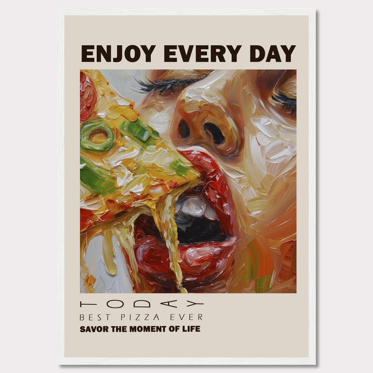 Enjoy a delicious slice of pizza every day with this vibrant and artistic poster. The image showcases a close-up of a person savoring a cheesy, vegetable-topped pizza slice.