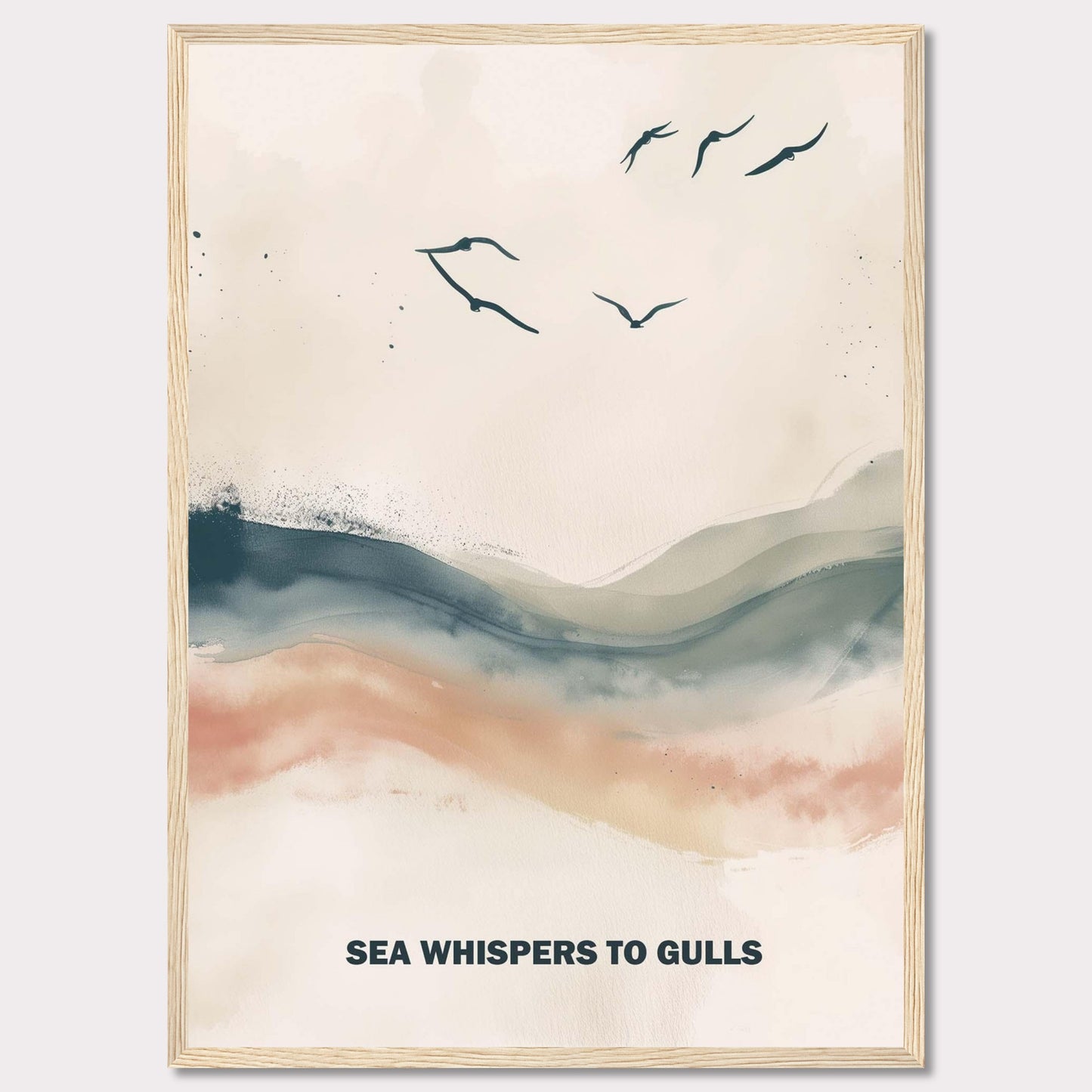 This serene artwork features a minimalist design with gentle waves and flying gulls. The soothing colors create a tranquil atmosphere, perfect for any space needing a touch of calm. The text "SEA WHISPERS TO GULLS" adds a poetic element to the piece.