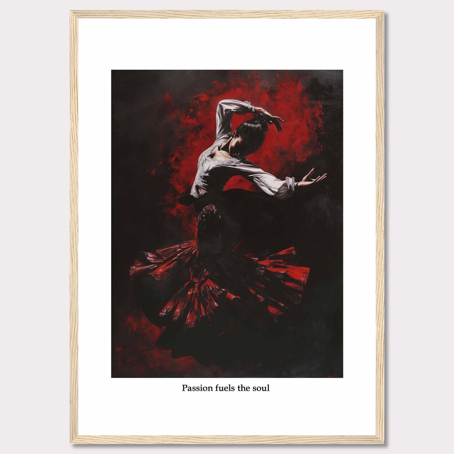 This captivating image depicts a flamenco dancer enveloped in a swirl of red and black, showcasing the intensity and passion of the dance. The dancer's expressive pose and flowing costume create a dynamic and powerful visual impact.