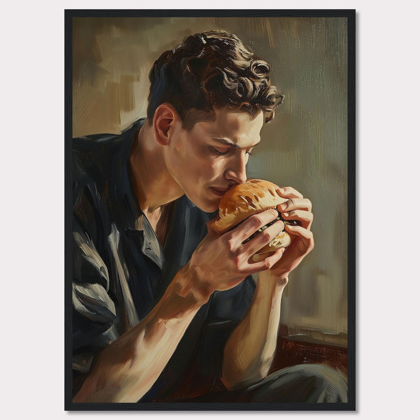 This captivating painting depicts a young man deeply savoring the aroma of a freshly made burger. The rich, detailed brushstrokes highlight the intensity of the moment, capturing a sense of appreciation and contentment.