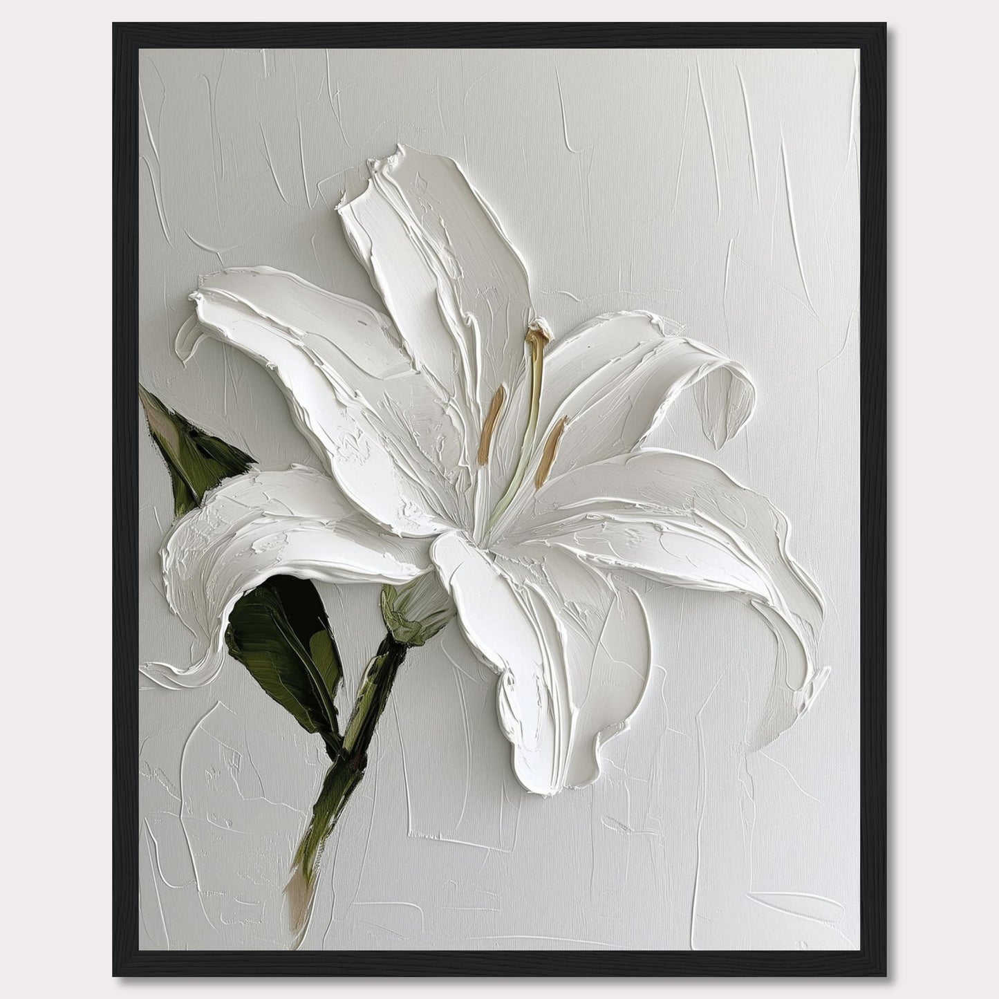 This image showcases a stunning textured painting of a white lily, elegantly framed in black. The thick brushstrokes add depth and dimension to the petals, creating a lifelike appearance. The background is kept minimal, allowing the flower to be the focal point.