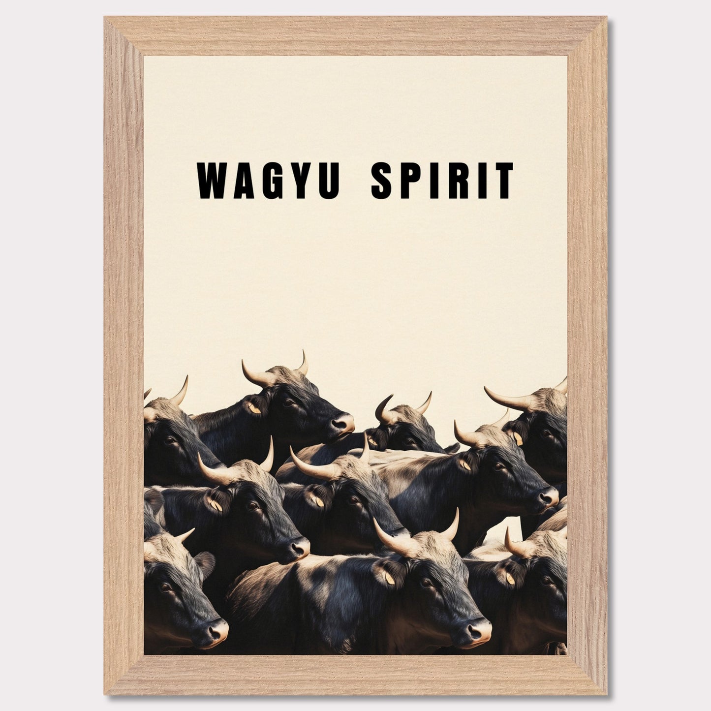 This illustration shows a group of black cattle with horns, set against a light background. The text "WAGYU SPIRIT" is prominently displayed at the top.

This poster will fit well in a kitchen, dining area, restaurant, or any space related to food and culinary arts.