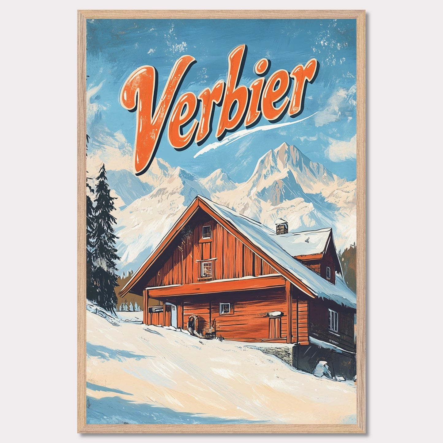 This vintage-inspired poster features a charming wooden chalet nestled against the stunning mountains of Verbier. The warm tones of the cabin contrast beautifully with the snowy landscape and towering peaks, creating a welcoming, serene winter scene. The retro design with bold typography invites viewers to imagine a peaceful retreat in the heart of the Swiss Alps, where adventure and comfort come together.