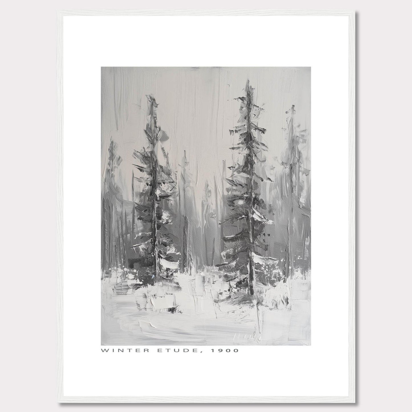 This image showcases a framed painting titled "Winter Etude, 1900". The artwork depicts a serene winter landscape with two prominent trees standing tall amidst a snowy backdrop. The painting is done in grayscale, emphasizing the cold and tranquil atmosphere of winter.