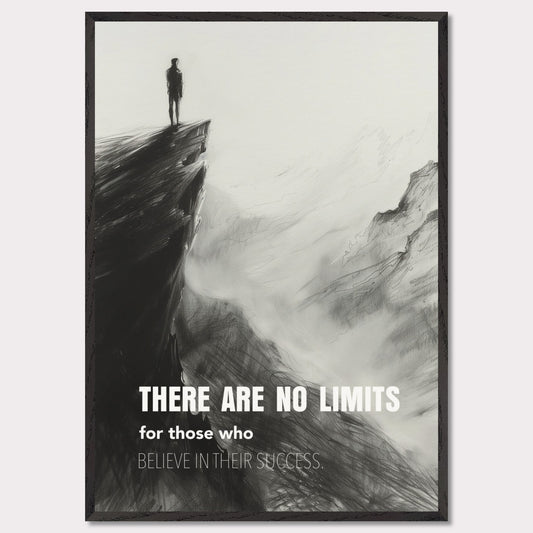 This image depicts a person standing at the edge of a cliff, looking out over a vast, foggy landscape. The scene is rendered in black and white, giving it a dramatic and contemplative feel. The text on the image reads: "There are no limits for those who believe in their success."