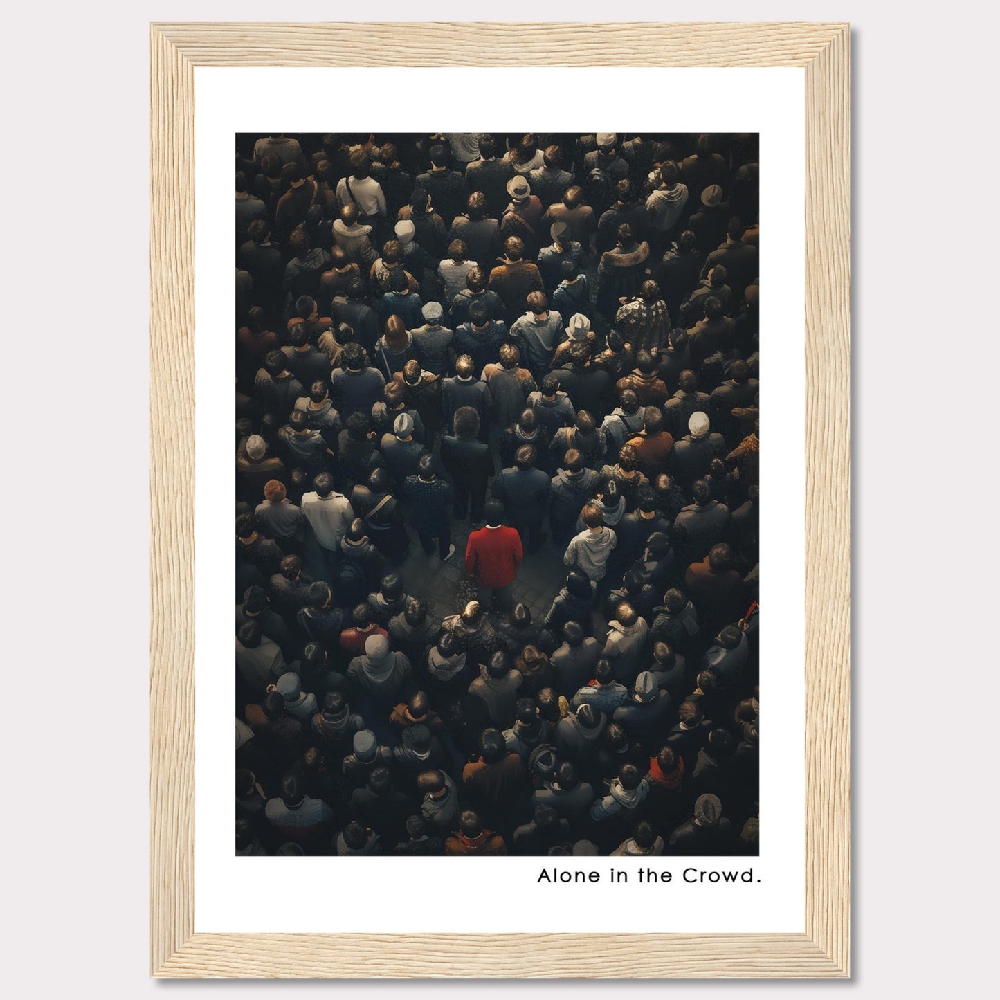 This image depicts a lone individual in a red coat standing amidst a dense crowd of people, all dressed in darker colors. The contrast highlights the feeling of isolation despite being surrounded by others.