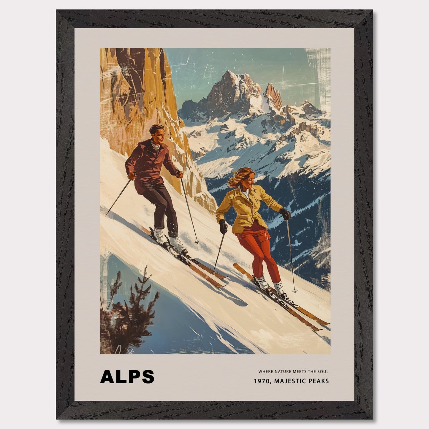 This striking vintage poster celebrates the grandeur of the Alps, depicting a dynamic pair of skiers descending snowy slopes with towering peaks in the background. Their confident movements against the crisp, majestic scenery capture the essence of alpine adventure. The warm, retro tones paired with the timeless typography evoke a sense of nostalgia and the spirit of mountain exploration.