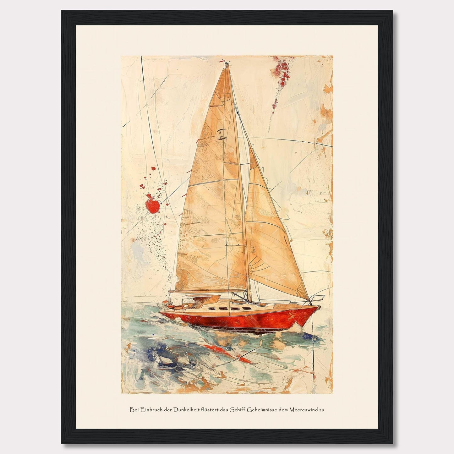 This artwork depicts a stunning sailboat navigating through the ocean with its sails fully unfurled. The painting features a vibrant red boat set against a dynamic background of abstract lines and splashes of color, giving a sense of movement and adventure. The text at the bottom reads: "Bei Einbruch der Dunkelheit flüstert das Schiff Geheimnisse dem Meereswind zu," which translates to "At dusk, the ship whispers secrets to the sea breeze."