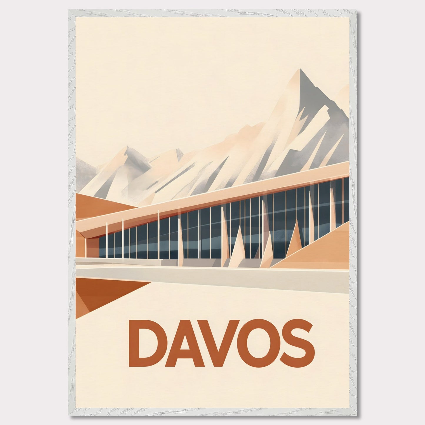 An artistic depiction of Davos, where a contemporary structure stretches along the base of snow-covered peaks. The smooth design of the building complements the sharp mountain ridges, creating a stunning contrast.