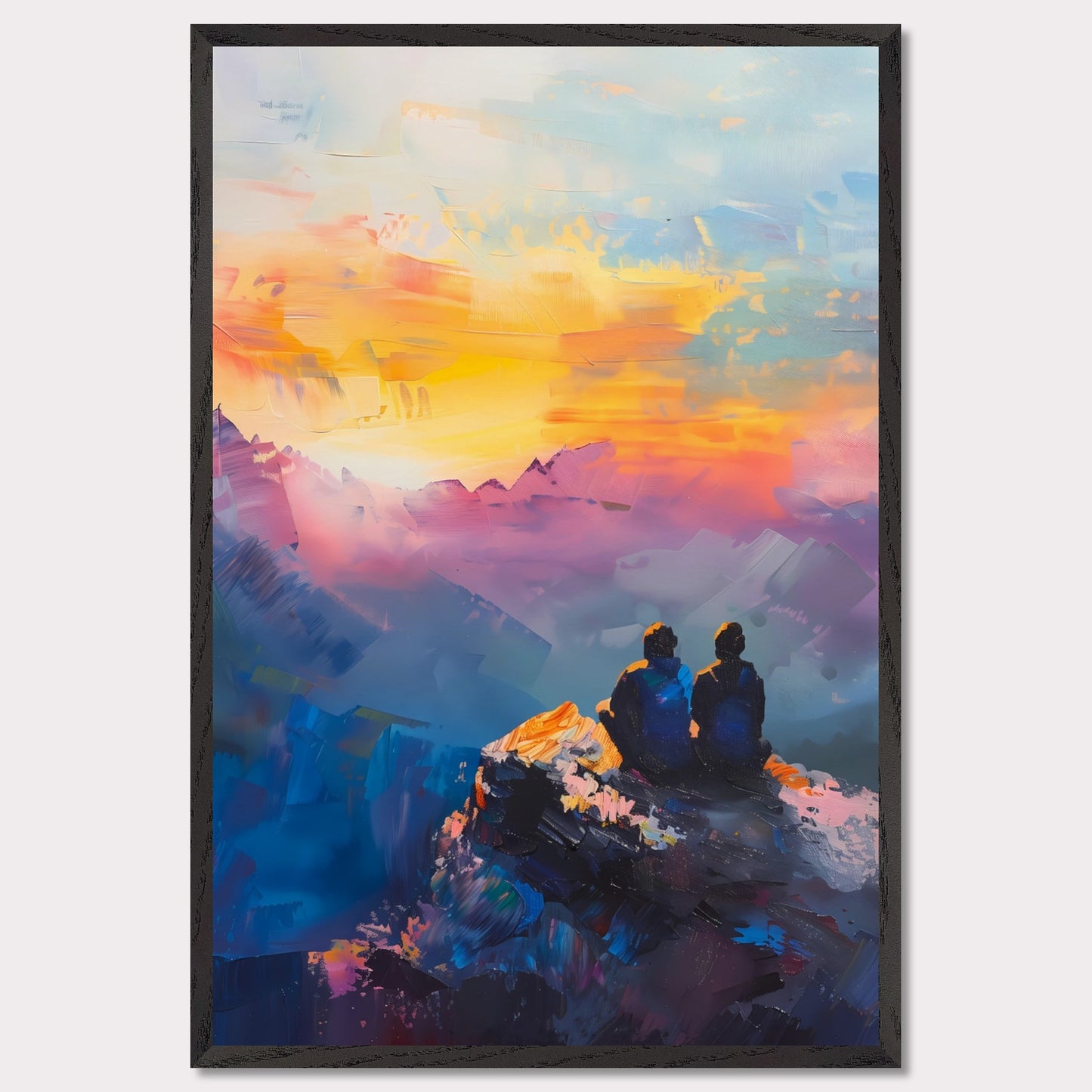 This is an illustration of two people sitting on a rocky cliff, overlooking a vibrant and colorful sunset or sunrise. The sky is painted with warm hues of orange, yellow, and pink, blending into cooler tones of blue and purple.