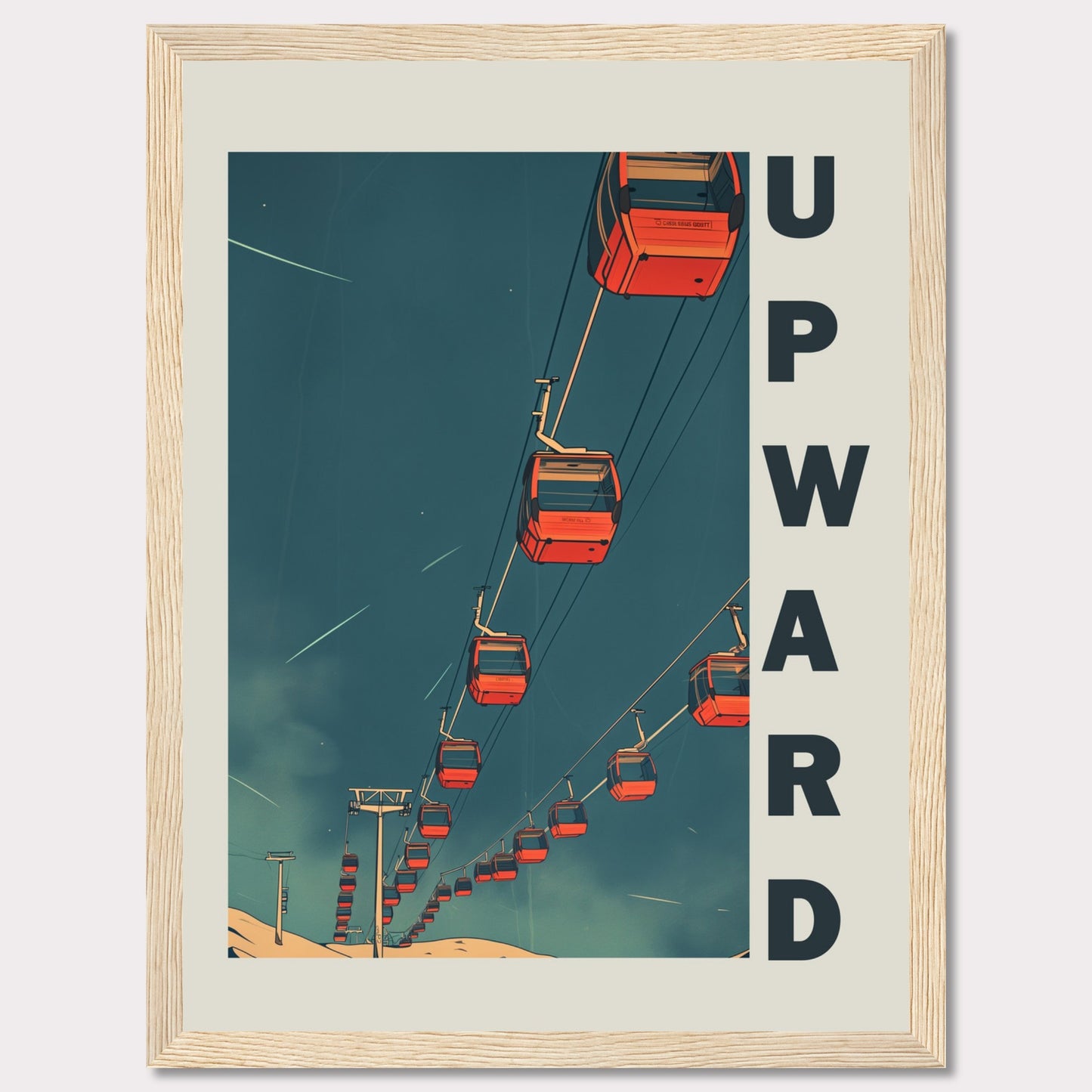 This striking artwork features a series of red cable cars ascending into a deep blue sky, evoking a sense of adventure and upward momentum. The word "UPWARD" is boldly displayed along the right side, reinforcing the theme of progress and elevation.