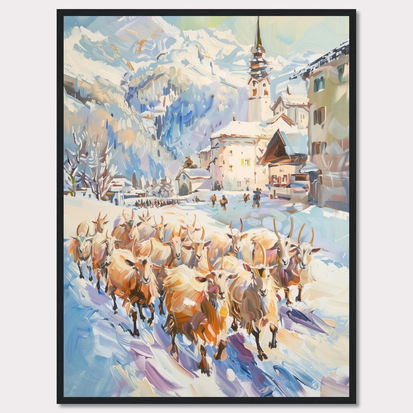 This captivating painting depicts a serene winter village scene with a herd of sheep being guided through the snow-covered streets. The backdrop features majestic snow-capped mountains and charming alpine architecture, including a prominent church steeple.