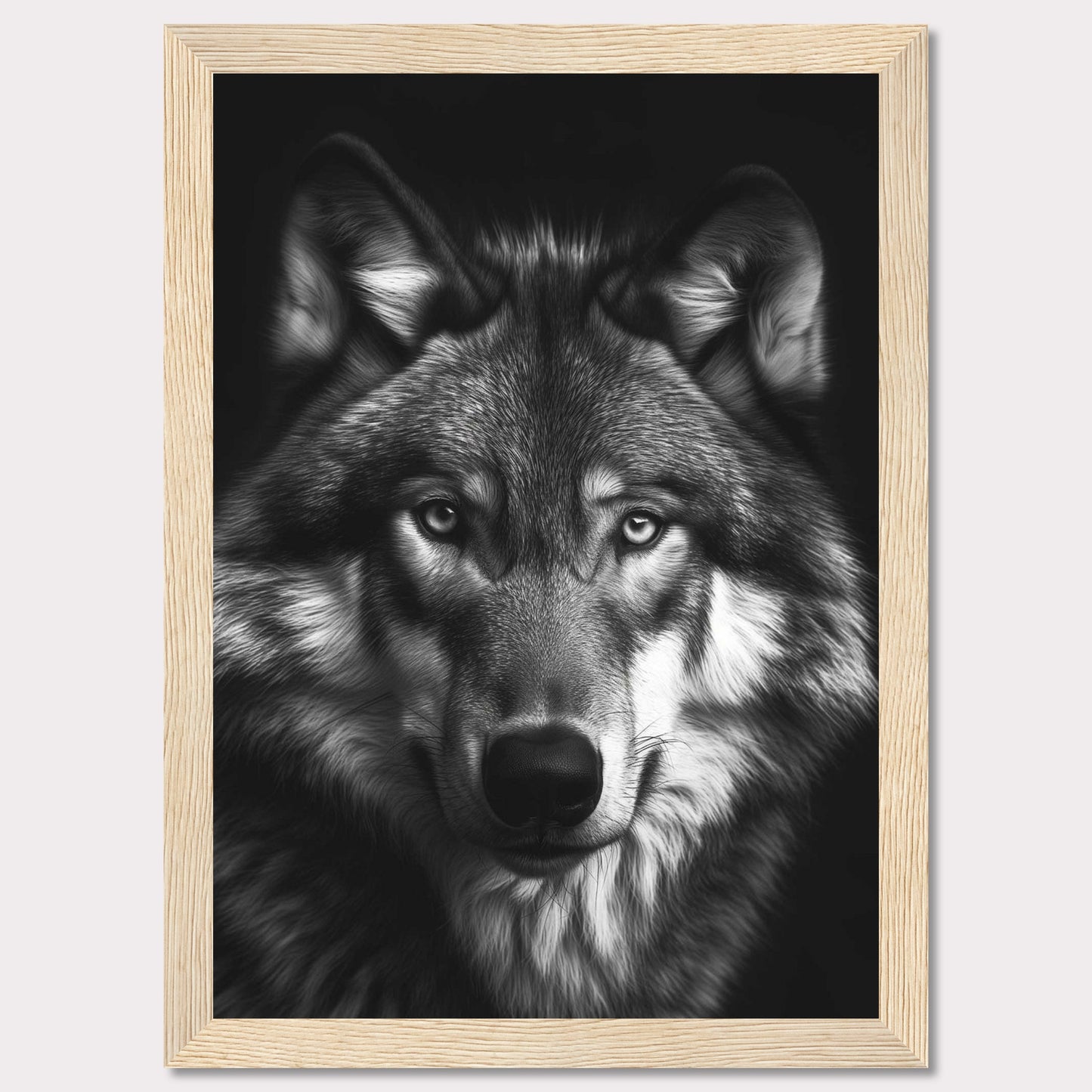 Immerse yourself in the captivating gaze of a majestic wolf with this stunning black and white portrait. The detailed fur, intense eyes, and powerful presence make this artwork a striking addition to any space.