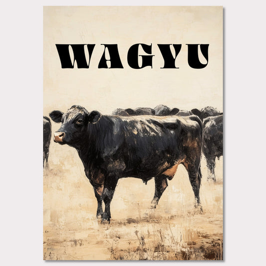 This captivating painting depicts a group of black cows standing together, evoking a sense of unity and strength. The textured brushstrokes and neutral background create a striking contrast, highlighting the animals' dark forms.