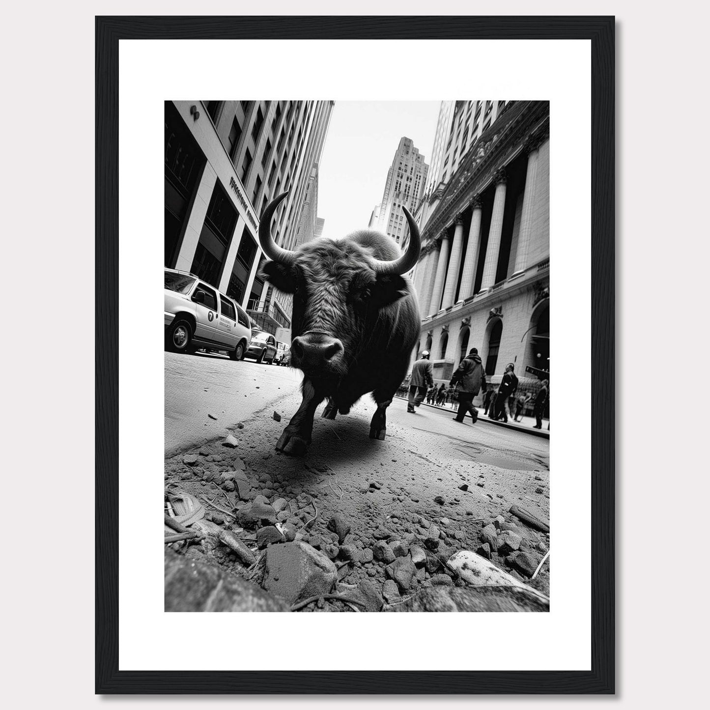 This striking black-and-white photograph captures a powerful bull striding confidently down a bustling city street. The image juxtaposes the raw strength of the bull against the backdrop of towering skyscrapers and busy pedestrians, creating a dramatic and thought-provoking scene.