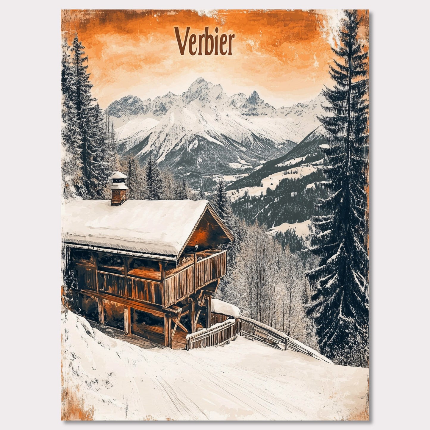 This charming retro-style poster showcases a cozy wooden cabin nestled in the snowy mountains of Verbier. The cabin, with its warm and rustic exterior, contrasts beautifully against the crisp white snow and towering, snow-capped peaks in the distance. The soft, vintage tones in the sky and the peaceful surroundings evoke a sense of tranquility and the perfect winter getaway. The gentle snowfall and warm cabin lights enhance the nostalgic feeling of a quiet retreat in the Alps.