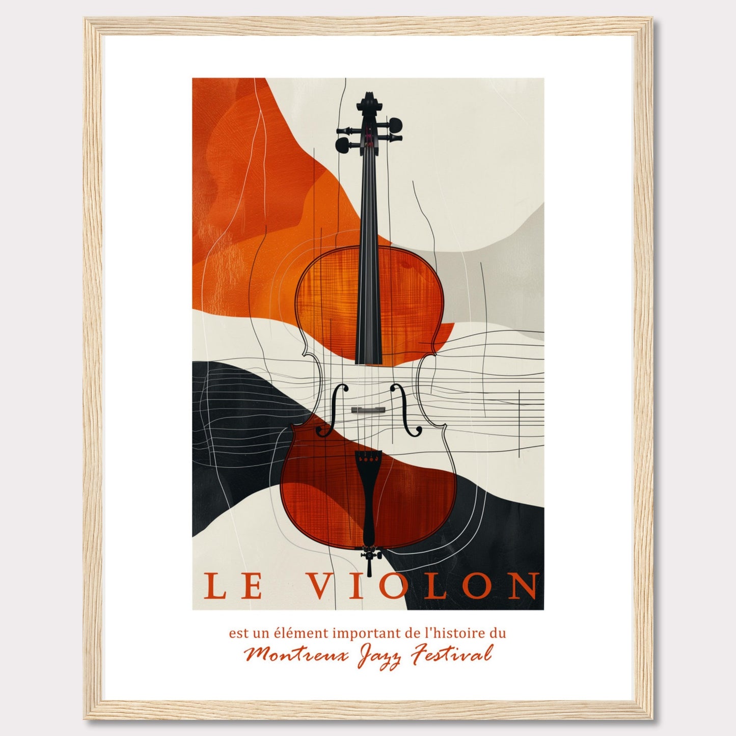 This image features a beautifully designed poster highlighting the importance of the violin in the history of the Montreux Jazz Festival. The central focus is a vibrant, artistic depiction of a violin set against an abstract background of orange, black, and beige shapes.