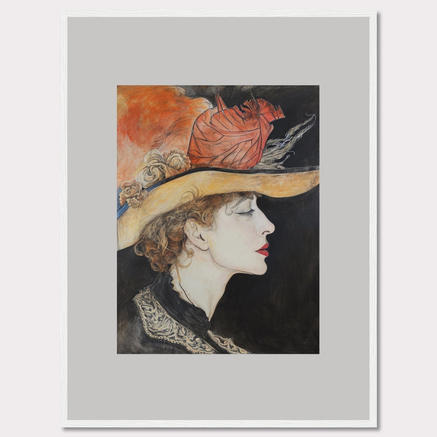 This captivating artwork features a side profile of a woman wearing an elegant hat adorned with feathers and flowers. The detailed illustration showcases her serene expression, accentuated by bold red lips and delicate curls framing her face. The background contrasts beautifully with the vibrant colors of the hat, adding depth to the portrait.