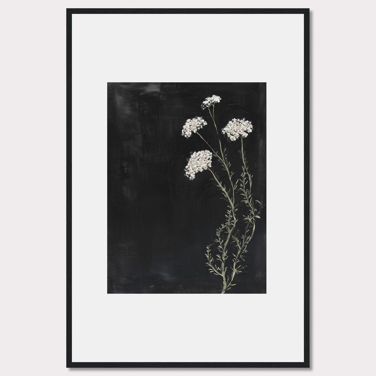 This elegant framed artwork features delicate white flowers against a deep black background, creating a striking contrast. The minimalist design emphasizes the natural beauty of the floral arrangement, making it a perfect addition to any modern interior.