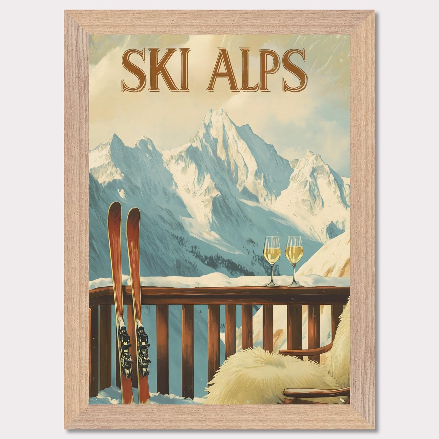 This soothing poster transports you to a tranquil alpine terrace with a breathtaking view of snow-covered peaks. A wooden chair draped in soft fur and paired with two glasses of sparkling wine sets the tone for a peaceful and intimate winter retreat.